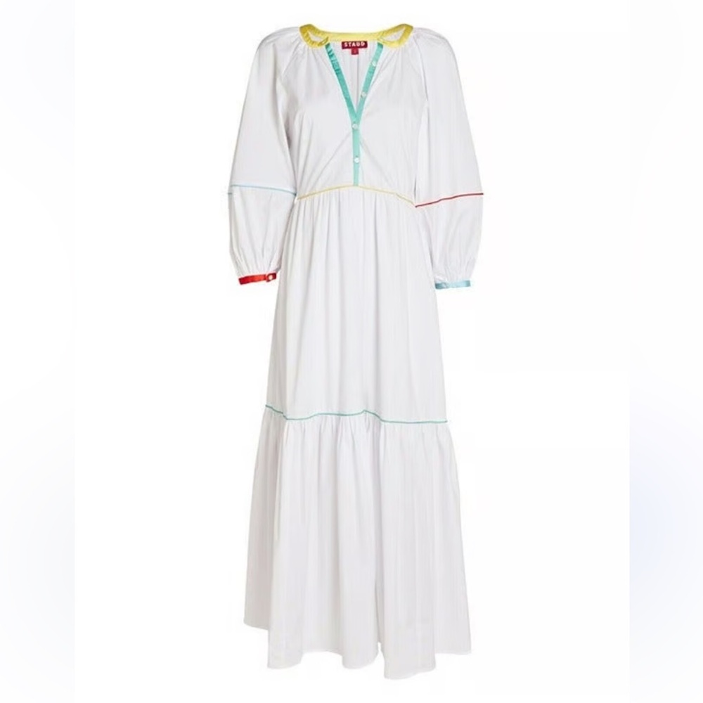 Staud Demi Tiered White Maxi Dress with Color-Trim Detail